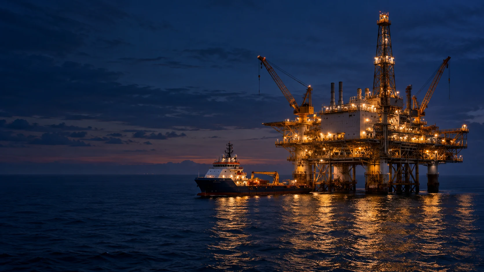 Imagen ilustrativa de una plataforma petrolera y embarcación de apoyo al anochecer